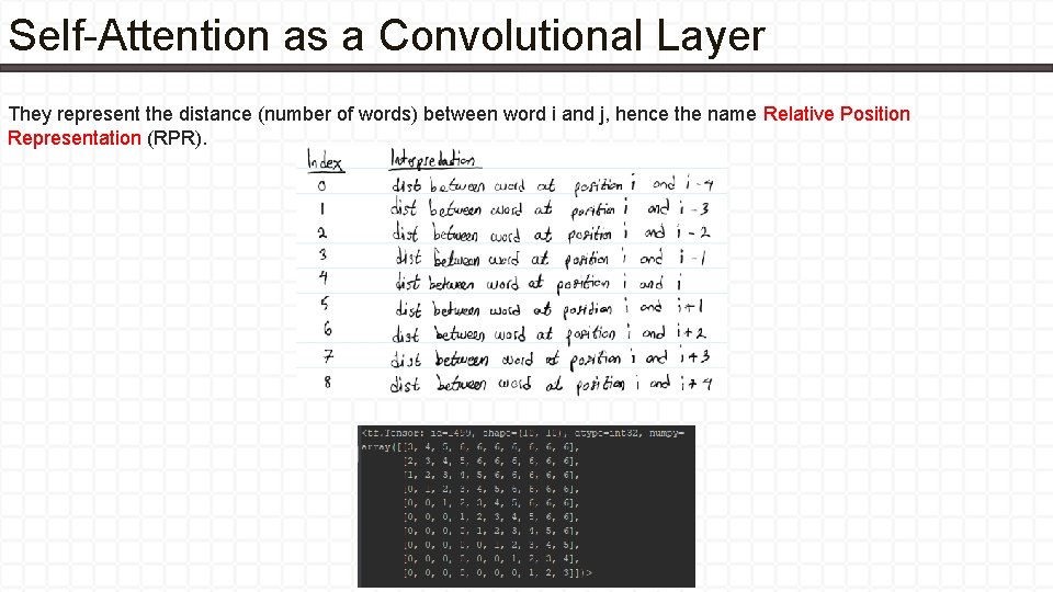 Self-Attention as a Convolutional Layer They represent the distance (number of words) between word
