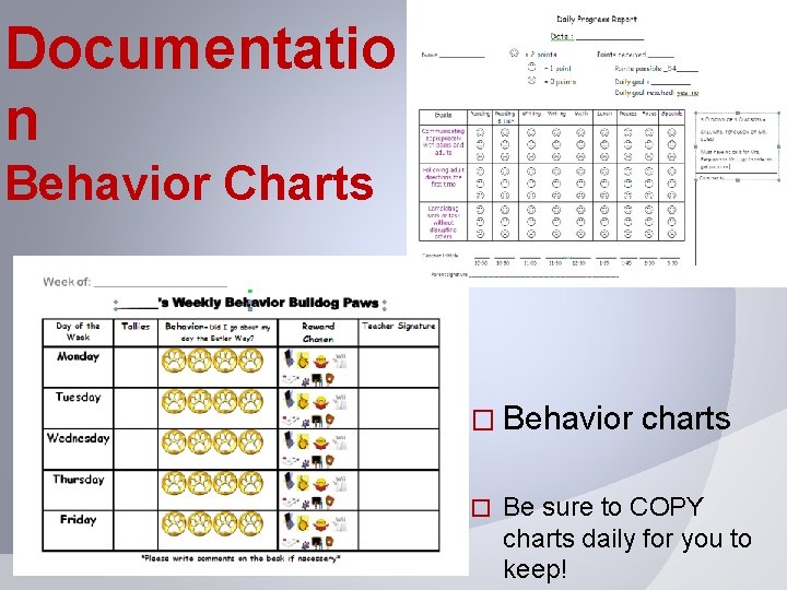 Documentatio n Behavior Charts � Behavior � charts Be sure to COPY charts daily