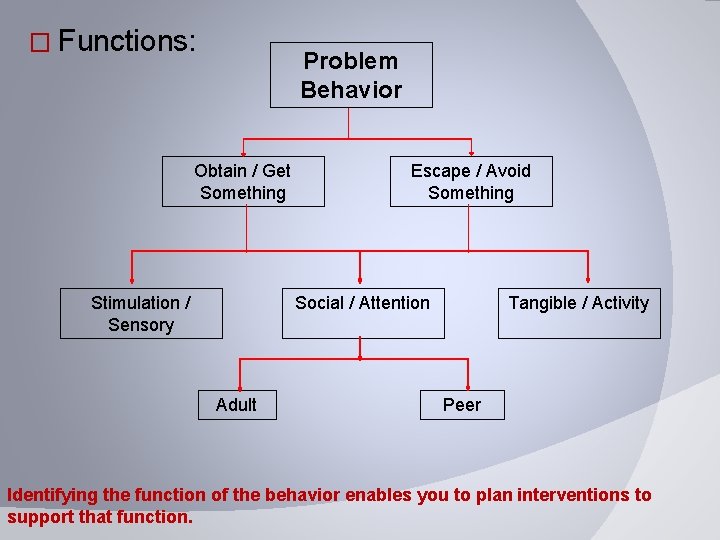 � Functions: Problem Behavior Obtain / Get Something Stimulation / Sensory Escape / Avoid