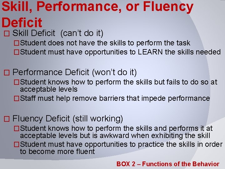 Skill, Performance, or Fluency Deficit � Skill Deficit (can’t do it) �Student does not