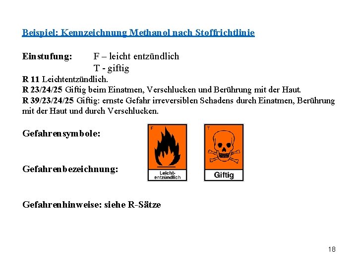 Beispiel: Kennzeichnung Methanol nach Stoffrichtlinie Einstufung: F – leicht entzündlich T - giftig R