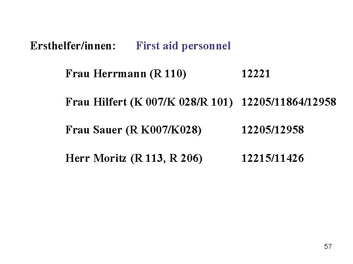 Ersthelfer/innen: First aid personnel Frau Herrmann (R 110) 12221 Frau Hilfert (K 007/K 028/R