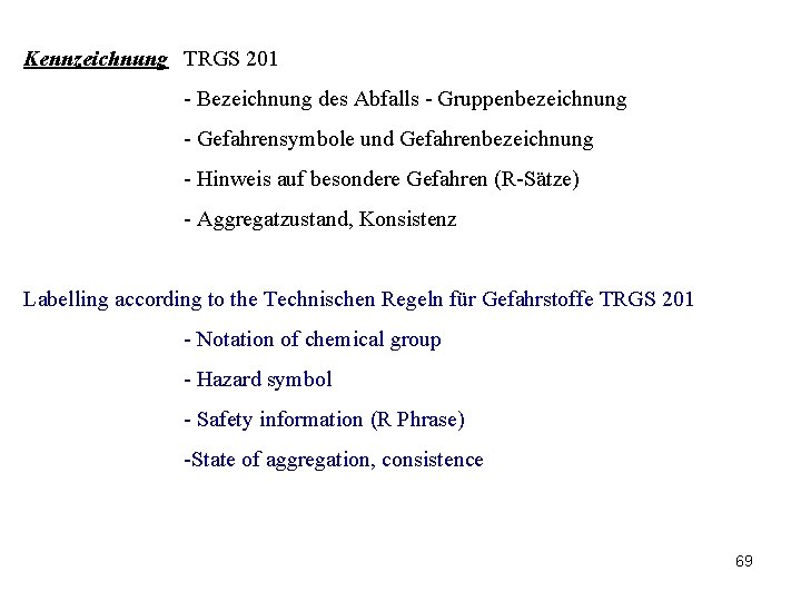 Kennzeichnung TRGS 201 - Bezeichnung des Abfalls - Gruppenbezeichnung - Gefahrensymbole und Gefahrenbezeichnung -