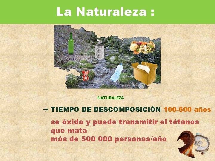 La Naturaleza : NATURALEZA TIEMPO DE DESCOMPOSICIÓN 100 -500 años se óxida y puede