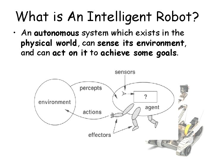 What is An Intelligent Robot? • An autonomous system which exists in the physical
