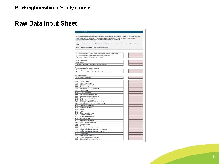 Buckinghamshire County Council Raw Data Input Sheet 11 