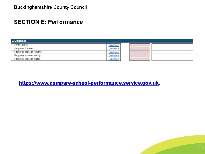 Buckinghamshire County Council SECTION E: Performance https: //www. compare-school-performance. service. gov. uk. 16 