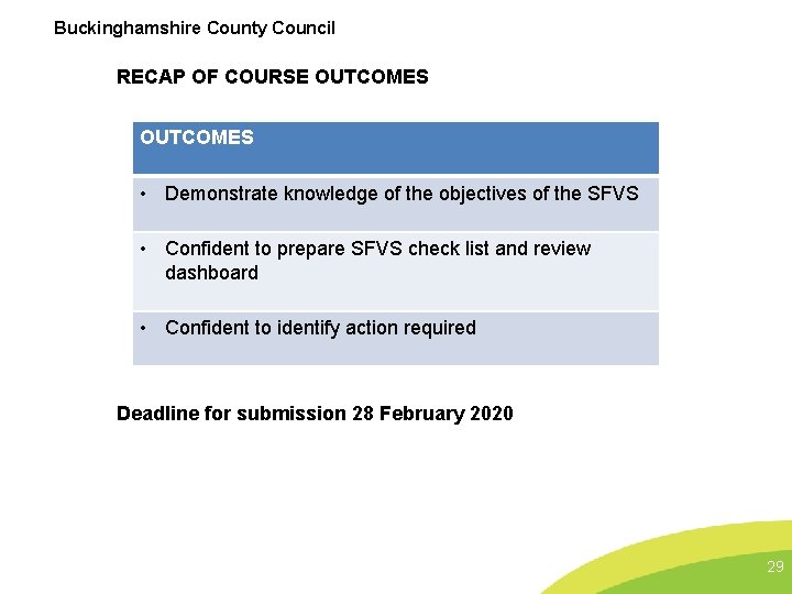 Buckinghamshire County Council RECAP OF COURSE OUTCOMES • Demonstrate knowledge of the objectives of