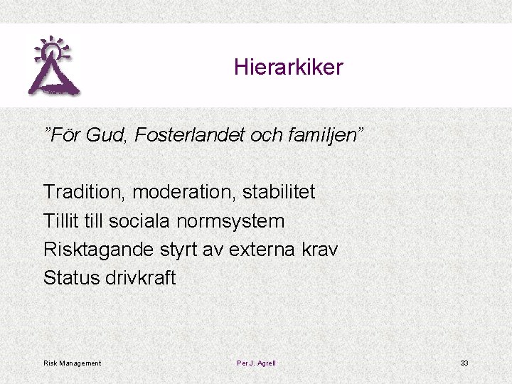 Hierarkiker ”För Gud, Fosterlandet och familjen” Tradition, moderation, stabilitet Tillit till sociala normsystem Risktagande