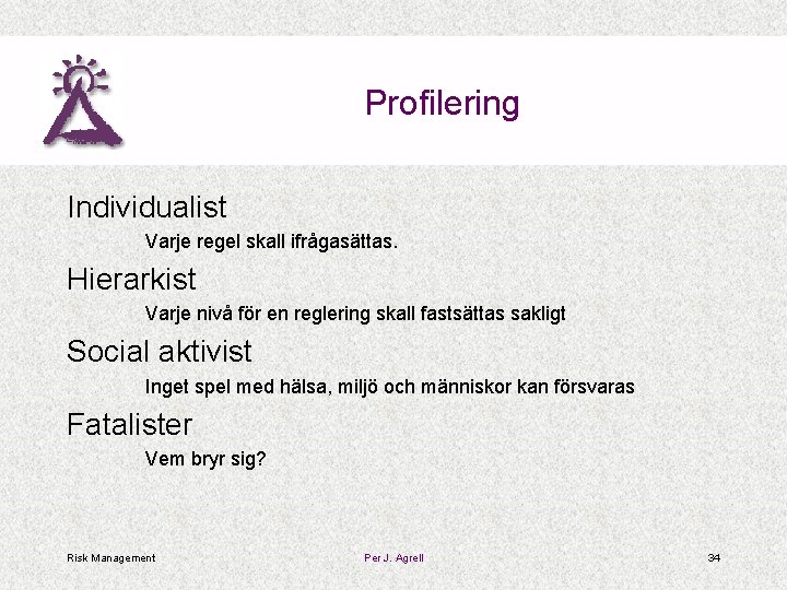 Profilering Individualist Varje regel skall ifrågasättas. Hierarkist Varje nivå för en reglering skall fastsättas