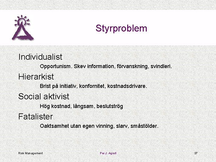 Styrproblem Individualist Opportunism. Skev information, förvanskning, svindleri. Hierarkist Brist på initiativ, konfornitet, kostnadsdrivare. Social