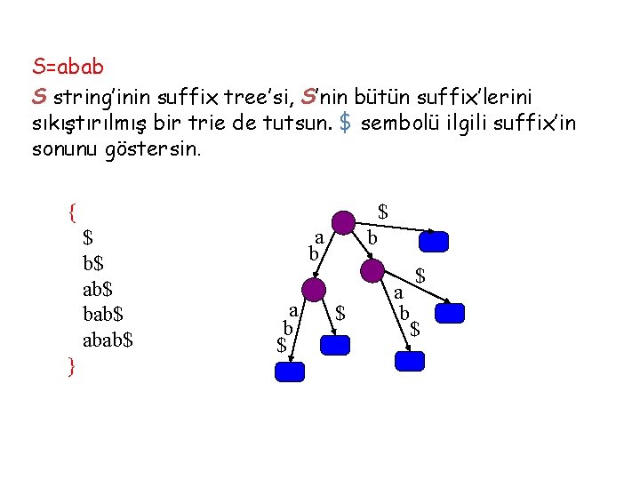 S=abab S string’inin suffix tree’si, S’nin bütün suffix’lerini sıkıştırılmış bir trie de tutsun. $