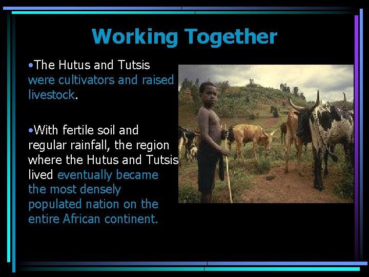 Working Together • The Hutus and Tutsis were cultivators and raised livestock. • With