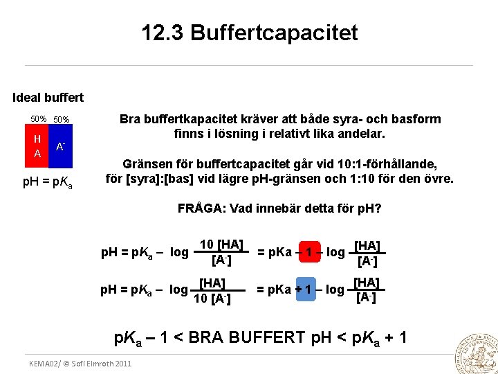 12. 3 Buffertcapacitet Ideal buffert 50% H A A- p. H = p. Ka