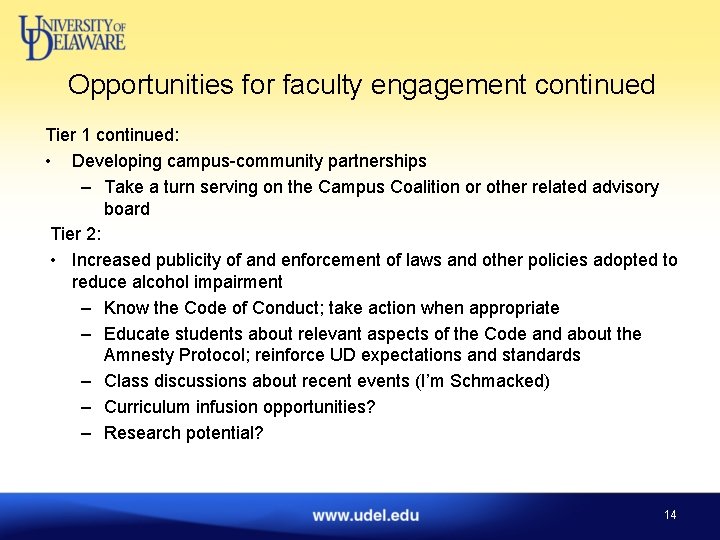 Opportunities for faculty engagement continued Tier 1 continued: • Developing campus-community partnerships – Take