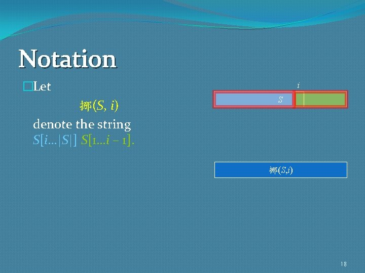 Notation �Let 挪(S, i) denote the string S[i…|S|] S[1…i – 1]. i S 挪(S,