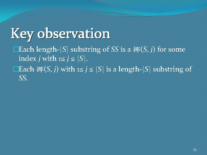Key observation �Each length-|S| substring of SS is a 挪(S, j) for some index