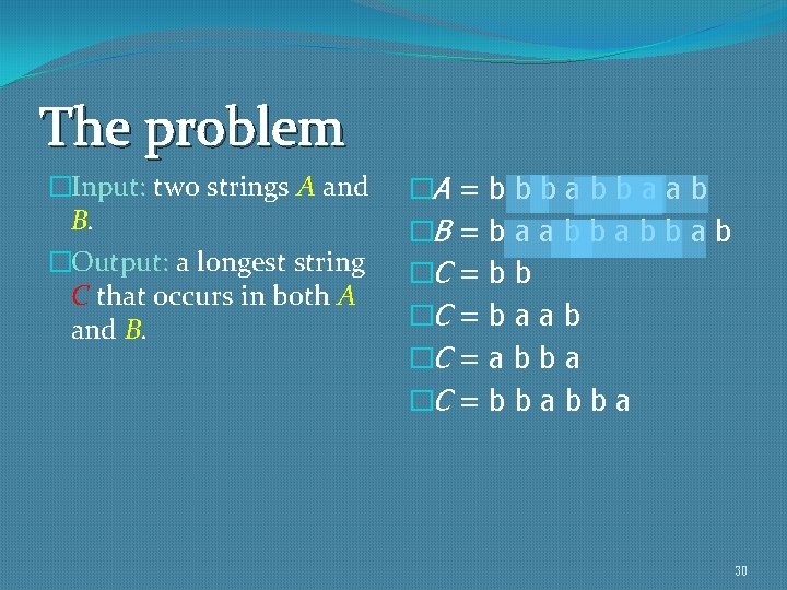 The problem �Input: two strings A and B. �Output: a longest string C that