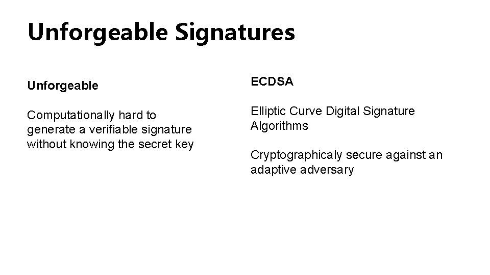 Unforgeable Signatures Unforgeable ECDSA Computationally hard to generate a verifiable signature without knowing the Unforgeable Signatures Unforgeable ECDSA Computationally hard to generate a verifiable signature without knowing the