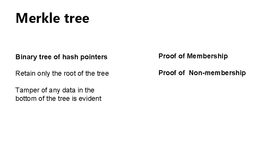 Merkle tree Binary tree of hash pointers Proof of Membership Retain only the root Merkle tree Binary tree of hash pointers Proof of Membership Retain only the root