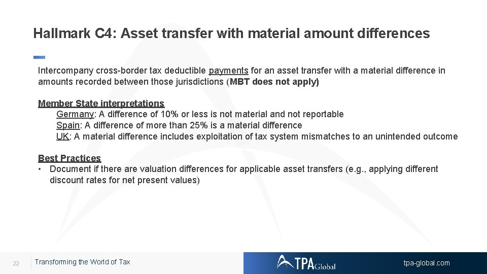 Hallmark C 4: Asset transfer with material amount differences Intercompany cross-border tax deductible payments