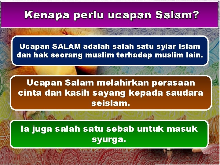 Kenapa perlu ucapan Salam? Ucapan SALAM adalah satu syiar Islam dan hak seorang muslim
