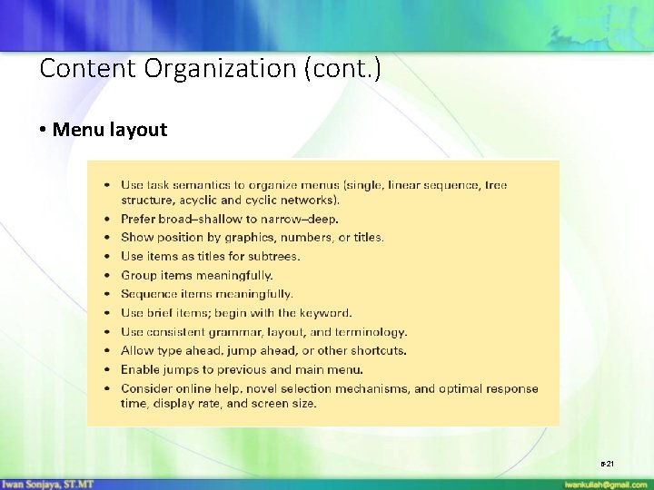 Content Organization (cont. ) • Menu layout 6 -21 