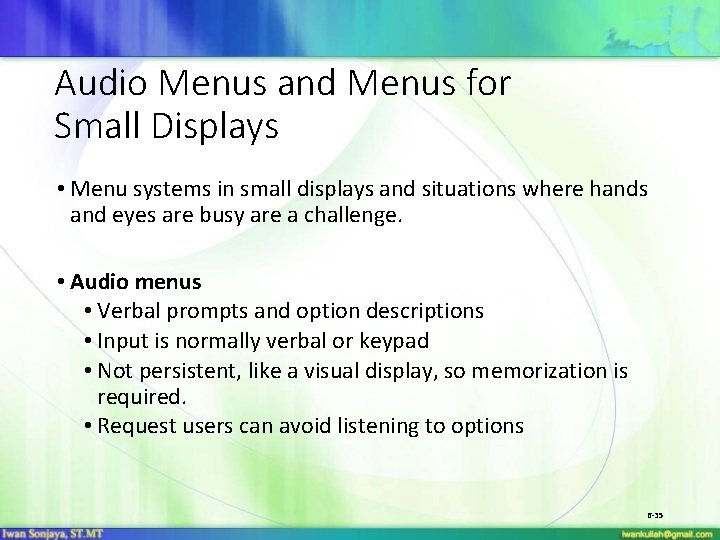 Audio Menus and Menus for Small Displays • Menu systems in small displays and