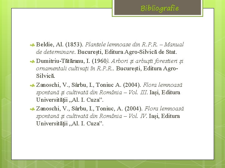 Bibliografie Beldie, Al. (1853). Plantele lemnoase din R. P. R. – Manual de determinare.