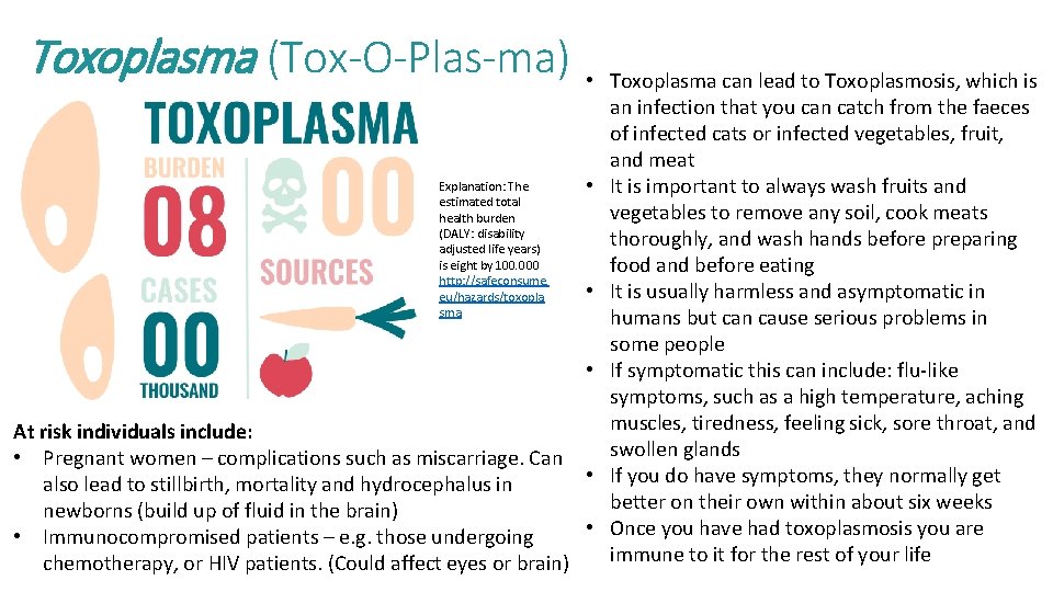 Toxoplasma (Tox-O-Plas-ma) • Explanation: The estimated total health burden (DALY: disability adjusted life years)