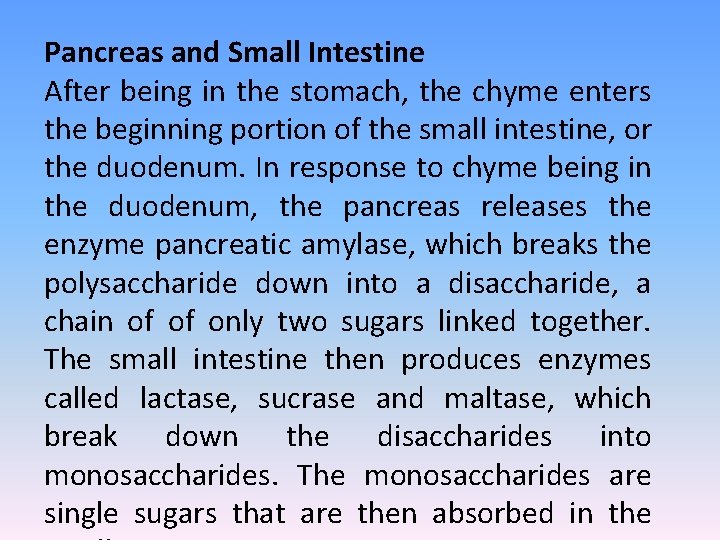 Pancreas and Small Intestine After being in the stomach, the chyme enters the beginning