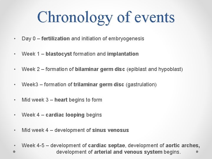 Chronology of events • Day 0 – fertilization and initiation of embryogenesis • Week