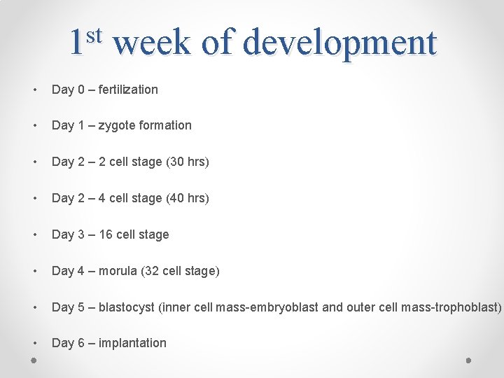 st 1 week of development • Day 0 – fertilization • Day 1 –