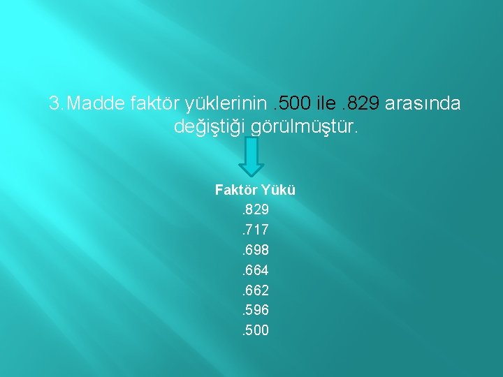 3. Madde faktör yüklerinin. 500 ile. 829 arasında değiştiği görülmüştür. Faktör Yükü. 829. 717.