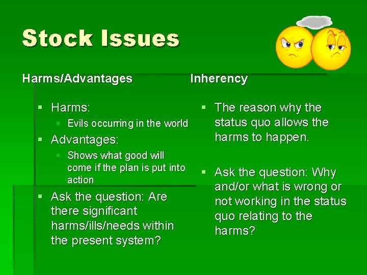 Stock Issues Harms/Advantages Inherency § Harms: § The reason why the status quo allows