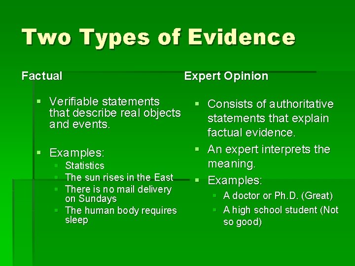Two Types of Evidence Factual § Verifiable statements that describe real objects and events.