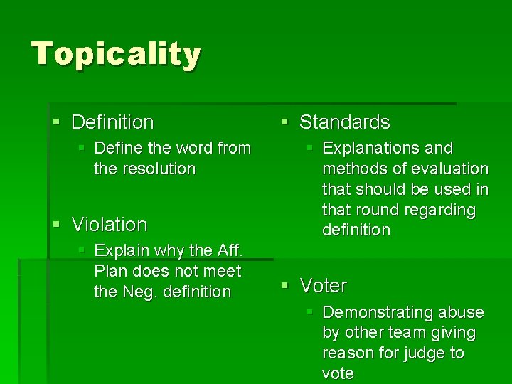 Topicality § Definition § Define the word from the resolution § Violation § Explain
