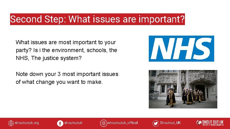 Second Step: What issues are important? What issues are most important to your party?