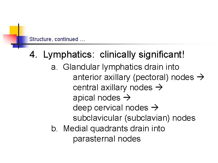 Structure, continued … 4. Lymphatics: clinically significant! a. Glandular lymphatics drain into anterior axillary