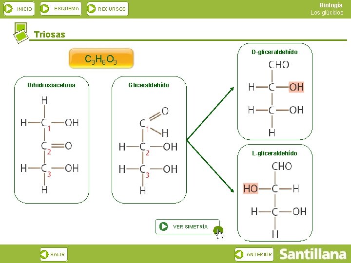 INICIO ESQUEMA Biología Los glúcidos RECURSOS Triosas D-gliceraldehído C 3 H 6 O 3