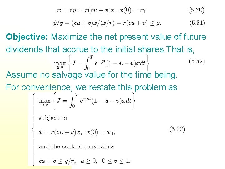 Objective: Maximize the net present value of future dividends that accrue to the initial Objective: Maximize the net present value of future dividends that accrue to the initial