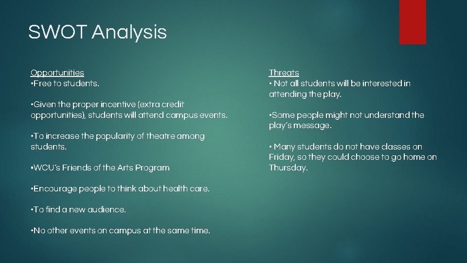 SWOT Analysis Opportunities • Free to students. • Given the proper incentive (extra credit