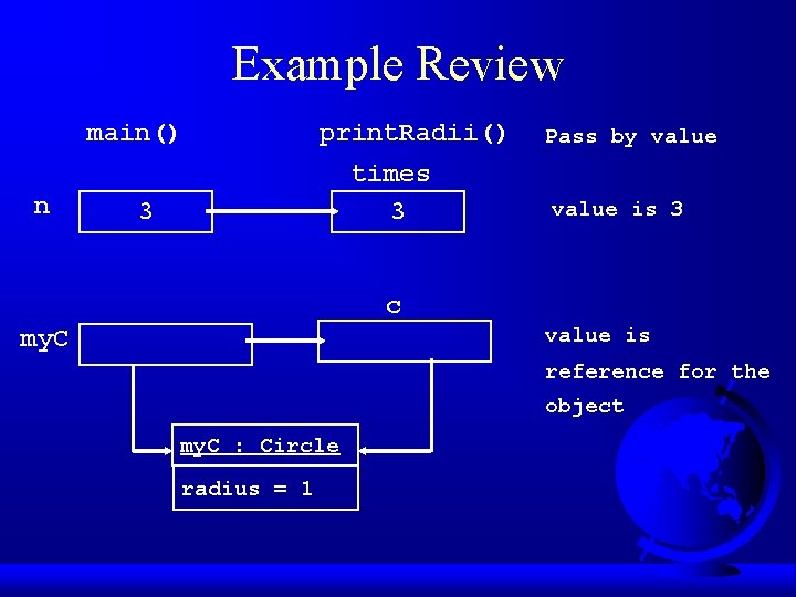 Example Review main() n print. Radii() times 3 3 Pass by value is 3
