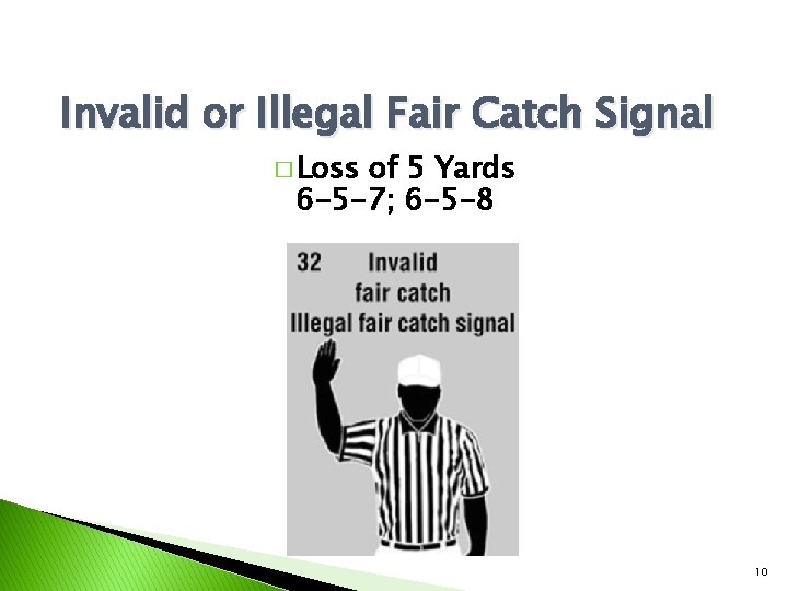 Invalid or Illegal Fair Catch Signal � Loss of 5 Yards 6 -5 -7;