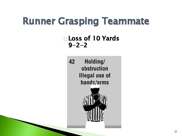 Runner Grasping Teammate � Loss of 10 Yards 9 -2 -2 31 