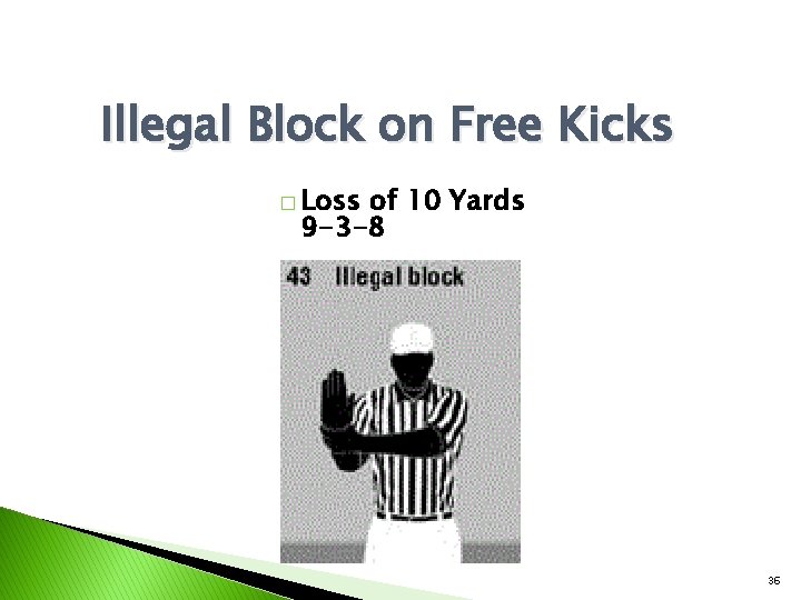 Illegal Block on Free Kicks � Loss of 10 Yards 9 -3 -8 36