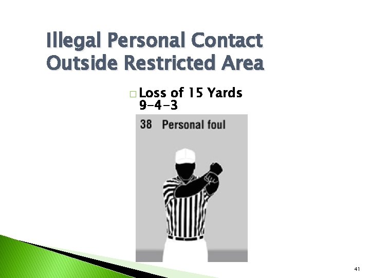 Illegal Personal Contact Outside Restricted Area � Loss of 15 Yards 9 -4 -3