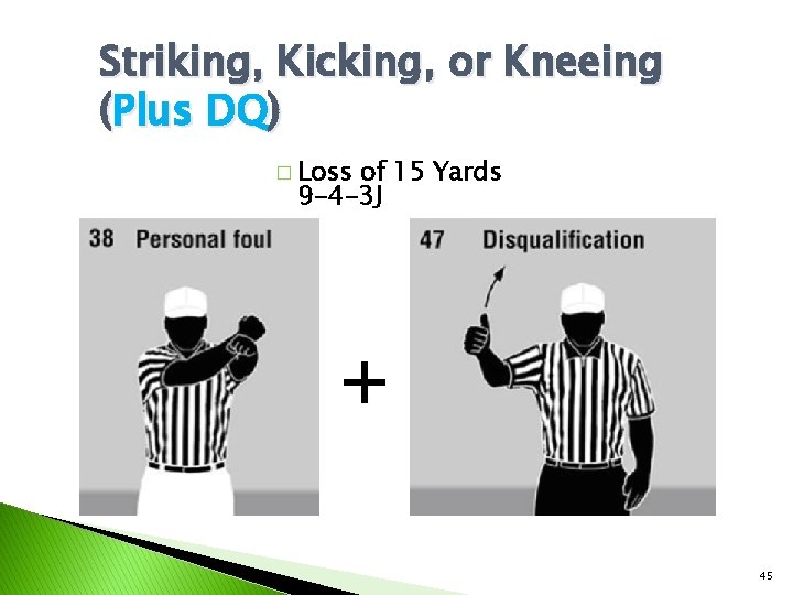 Striking, Kicking, or Kneeing (Plus DQ) � Loss of 15 Yards 9 -4 -3