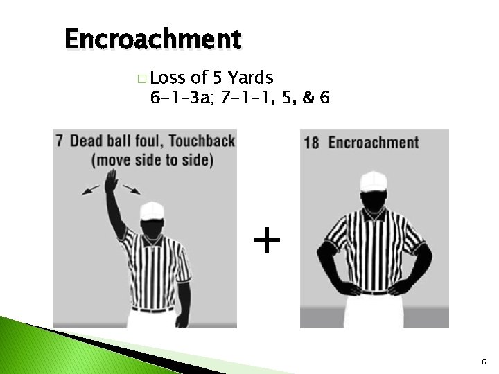 Encroachment � Loss of 5 Yards 6 -1 -3 a; 7 -1 -1, 5,