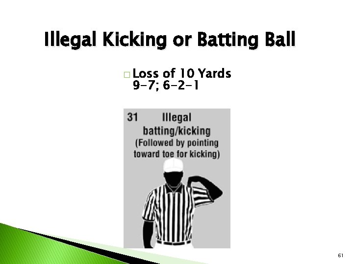 Illegal Kicking or Batting Ball � Loss of 10 Yards 9 -7; 6 -2